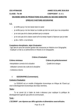 Première page de Histoire-Géographie Tle A & B — 2e production scolaire, 2e semestre (2018-2019) · CEG Kpomassè