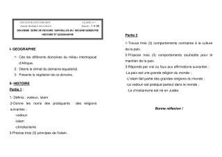 Première page de Histoire-Géographie 6e, 5e, 4e, 4e ML, 3e, 3e ML, 2nde A2, 2nde B, 2nde C, 2nde D, 1ère A2, 1ère B, 1ère C, 1ère D, Tle A & B, Tle A2, Tle C, Tle D — 2e devoir surveillé, 2e semestre (2018-2019) · CEG