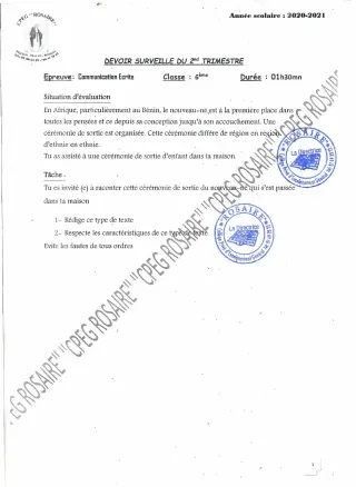 Première page de Français 6e — 1er devoir surveillé (2020-2021) · CPEG ROSAIRE