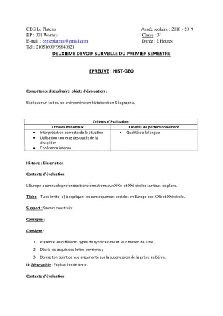 Première page de Histoire-Géographie 3e ML — 2e devoir surveillé, 1er semestre (2018-2019) · CEG Le Plateau