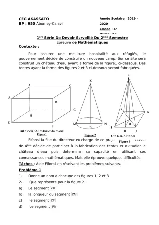Première page de Mathématiques 4e ML&MC — Devoir surveillé, 2e semestre (2019-2020) · CEG Akassato