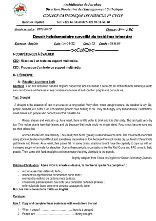 Première page de Anglais 3e — Devoir surveillé, 3e trimestre (2021-2022) · Hibiscus 1er cycle