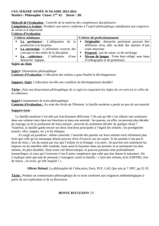 Première page de Devoir surveillé de PHILO — 2nde A2 — CEG SEKERE (2023)