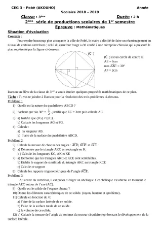 Première page de Mathématiques 3e, 3e ML — Production scolaire, 1er semestre (2018-2019) · CEG3 Pobè (Akouho)