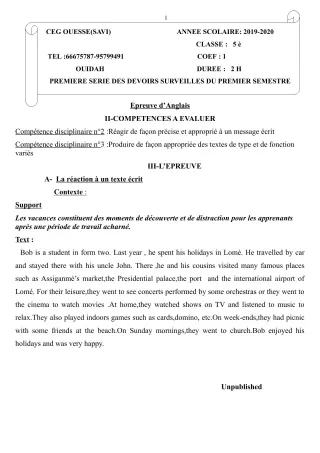 Première page de Anglais 5e — 1er devoir surveillé, 1er semestre (2019-2020) · Ceg OUESSE