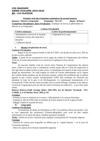 Première page de Histoire-Géographie Tle D — 1re évaluation sommative, 2e semestre (2019-2020) · CEG MAGOUMI