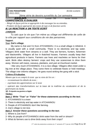 Première page de Anglais 5e — 2e devoir surveillé, 1er semestre (2022-2023) · CEG POSSOTOME