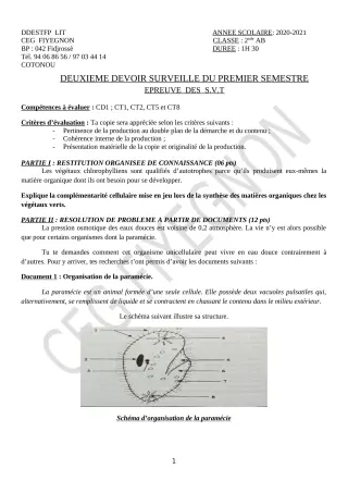 Première page de SVT 2nde A2, 2nde B — 2e devoir surveillé, 1er semestre (2020-2021) · CEG FIYEGNON