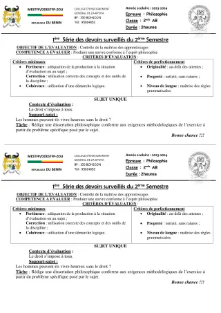 Première page de Philosophie 2nde A, 2nde A1, 2nde A2, 2nde B, 2nde D, 1ère A, 1ère A2, 1ère B, 1ère D — 1er devoir surveillé, 2e semestre (2023-2024) · CEG ZA-KPOTA