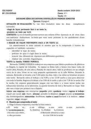 Première page de Espagnol 4e — 2e devoir surveillé, 1er semestre (2020-2021) · CEG PAHOU