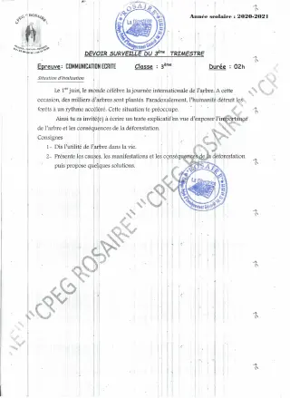 Première page de Français 3e, 3e ML — Devoir surveillé (2020-2021) · CPEG ROSAIRE