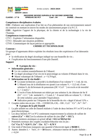 Première page de PCT 1ère D — 2e devoir surveillé, 2e semestre (2023-2024) · CEG SEKERE