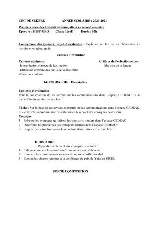 Première page de Histoire-Géographie 1ère D — 1re évaluation sommative, 2e semestre (2020-2021) · CEG SEKERE