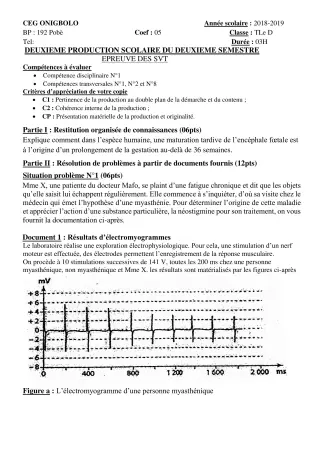 Première page de SVT Tle D — 2e production scolaire, 2e semestre (2018-2019) · CEG ONIGBOLO