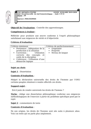 Première page de Philosophie 2nde D, 1ère A1 — 2e devoir surveillé, 2e semestre (2019-2020) · CEG 1 Akpakpa-Centre