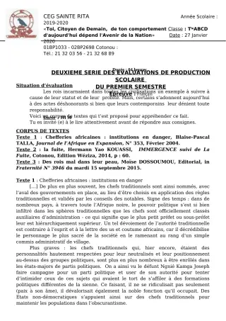Première page de Français 6e, 5e, 4e ML&MC, 3e, 3e ML, 2nde A2, 2nde B, 2nde C, 2nde D, 1ère A2, 1ère B, 1ère C, 1ère D, Tle A2, Tle B, Tle C, Tle D — Production scolaire, 1er semestre (2019-2020) · CEG Sainte Rita