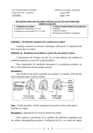 Première page de SVT 2nde C — 2e devoir surveillé, 2e semestre (2020-2021) · CEG Kouhounou-Vêdoko