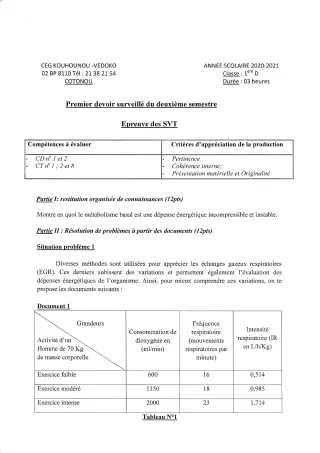 Première page de SVT 1ère D — 1er devoir surveillé, 2e semestre (2020-2021) · CEG Kouhounou-Vêdoko
