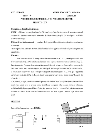 Première page de PCT 3e — 1er devoir surveillé, 1er semestre (2019-2020) · CEG 2 N'DALI