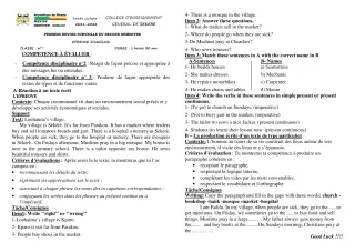 Première page de Anglais 6e — 1er devoir surveillé, 2e semestre (2021-2022) · CEG SEKERE