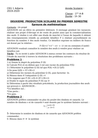 Première page de Mathématiques 1ère A, 1ère B — 2e production scolaire, 1er semestre (2019-2020) · CEG1 Adjarra