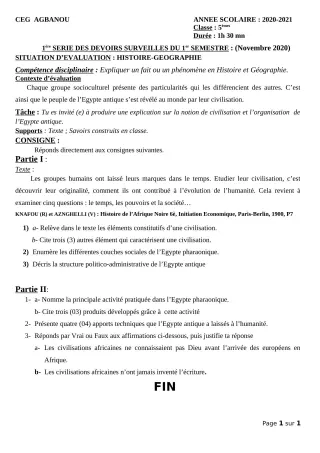 Première page de Histoire-Géographie 5e — 1er devoir surveillé, 1er semestre (2020-2021) · CEG AGBANOU