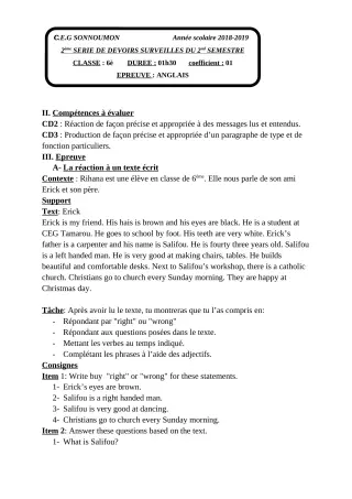 Première page de Anglais 6e — 2e devoir surveillé, 2e semestre (2018-2019) · CEG SONNOUMON