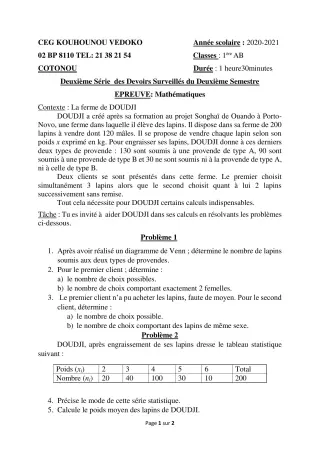 Première page de Mathématiques 1ère A1, 1ère A2, 1ère B — 2e devoir surveillé, 2e semestre (2020-2021) · CEG Kouhounou-Vêdoko
