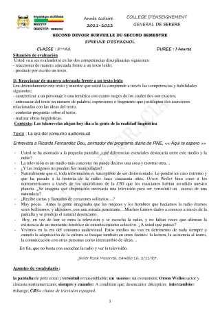 Première page de Espagnol 2nde A2 — 2e devoir surveillé, 2e semestre (2021-2022) · CEG SEKERE