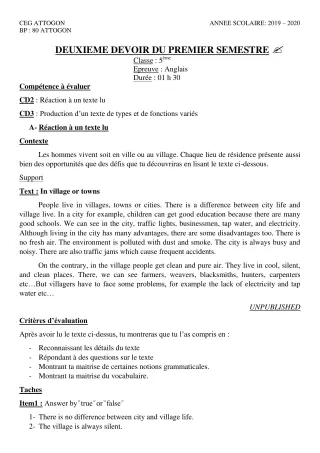 Première page de Anglais 5e — 2e devoir surveillé, 1er semestre (2019-2020) · CEG Attogon