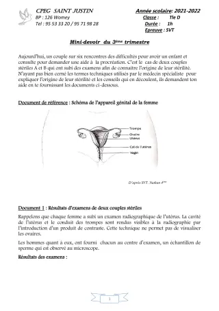 Première page de SVT Tle D — Devoir surveillé, 3e trimestre (2021-2022) · CPEG SAINT Justin
