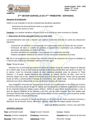 Première page de Espagnol 2nde A, 2nde B — 2e devoir surveillé, 2e trimestre (2019-2020) · CPEG LE PHARAON