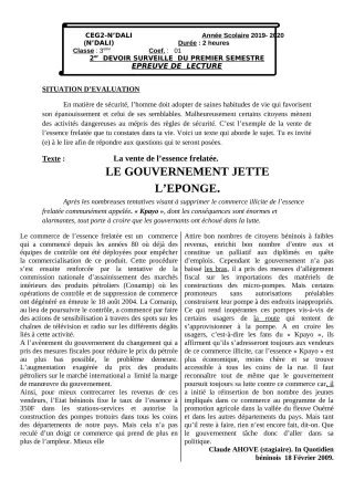 Première page de Français 3e, 3e ML — Devoir surveillé, 1er semestre (2019-2020) · CEG 2 N'DALI