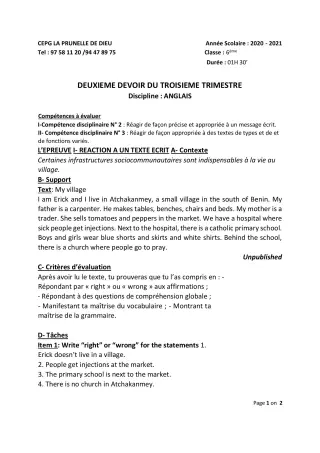 Première page de Anglais 6e, 5e, 4e, 3e, 3e ML, 2nde B, 2nde D — 2e devoir surveillé, 3e trimestre (2020-2021) · CEPG La Prunelle de Dieu