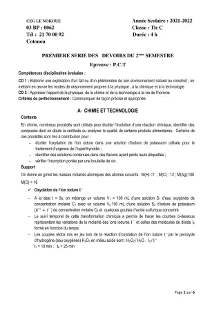 Première page de PCT Tle C — 1er devoir surveillé, 2e semestre (2021-2022) · CEG LE NOKOUE