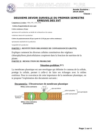Première page de SVT 2nde D — 2e devoir surveillé, 1er semestre (2019-2020) · CEG ADJOVICODJI 'LES OLIVIERS'