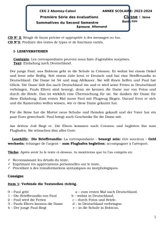 Première page de Allemand 3e — 1re évaluation sommative, 2e semestre (2023-2024) · CEG2 ABOMEY - CALAVI (CEG ZOCA)
