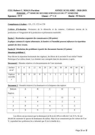 Première page de SVT 2nde C, 2nde D — Devoir surveillé, 2e semestre (2018-2019) · CEG Hubert C. MAGA