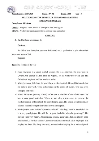 Première page de Anglais 2nde B — 2e devoir surveillé, 1er semestre (2019-2020) · CEG ADJOVICODJI 'LES OLIVIERS'