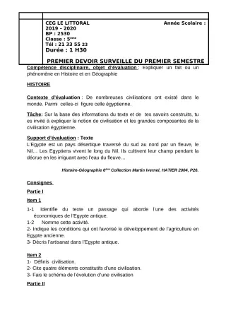 Première page de Histoire-Géographie 5e — 1er devoir surveillé, 1er semestre (2019-2020) · CEG Le Littoral
