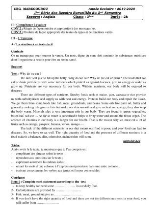Première page de Anglais 3e, 3e ML — 1er devoir surveillé, 2e semestre (2019-2020) · CEG MAREGOUROU