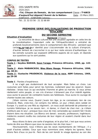 Première page de Français 6e, 5e, 4e, 3e, 3e ML, 2nde A2, 2nde B, 2nde C, 1ère A2, 1ère B, 1ère C, 1ère D, Tle A2, Tle B, Tle C, Tle D — 1re évaluation sommative, 2e semestre (2020-2021) · CEG Sainte Rita
