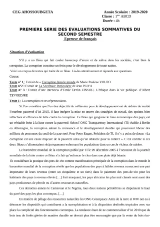 Première page de Français 1ère A2, 1ère B, 1ère D — 1re évaluation sommative, 2e semestre (2019-2020) · CEG Ahossougbéta