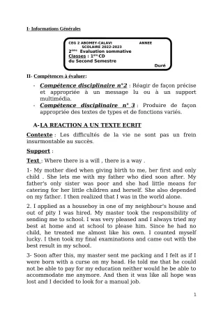 Première page de Anglais 1ère C — 2e évaluation sommative, 2e semestre (2022-2023) · CEG2 ABOMEY - CALAVI (CEG ZOCA)