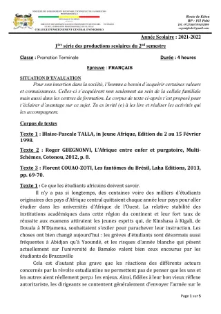 Première page de Français Tle A2, Tle D — 1re production scolaire, 2e semestre (2021-2022) · CEG ONIGBOLO