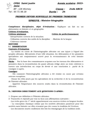 Première page de Histoire-Géographie 6e, 2nde A2, 2nde B, 2nde C, 2nde D — 1er devoir surveillé, 1er trimestre (2023-2024) · CPEG SAINT Justin