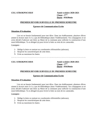 Première page de Français 5e — 1er devoir surveillé, 1er semestre (2020-2021) · CEG ATROKPOCODJI