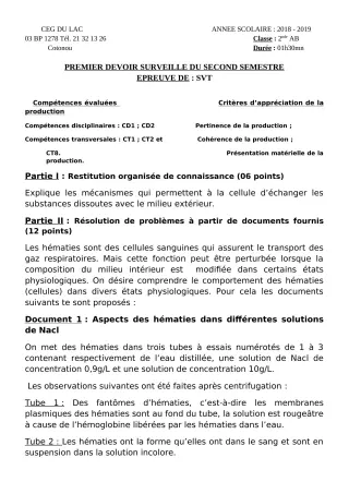 Première page de SVT 2nde A, 2nde B — 1er devoir surveillé, 2e semestre (2018-2019) · CEG du Lac
