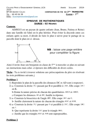 Première page de Mathématiques 5e — 1re composition, 2e trimestre (2019-2020) · CPEG LICA