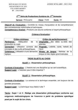 Première page de Philosophie Tle A & B — 2e production scolaire, 2e semestre (2022-2023) · CEG GOHO